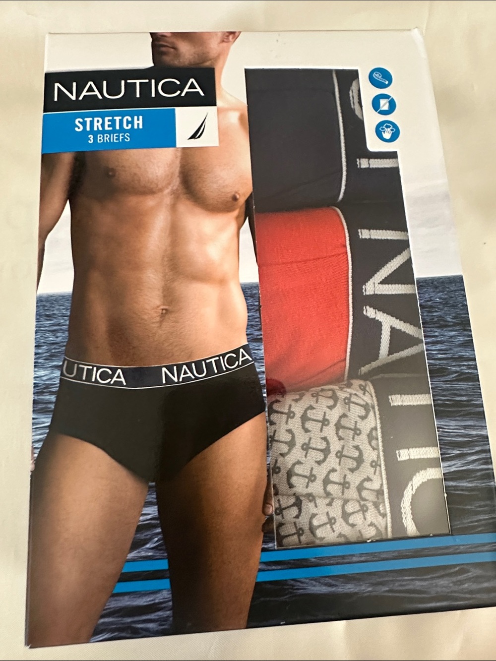 Nautica Men’s Briefs 3-Pack in Navy, Orange and Gray w/ Anchor Print New in Box!